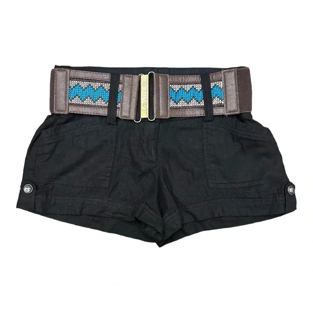 Stoosh Black Linen Blend Chino Shorts with Removable Brown Belt